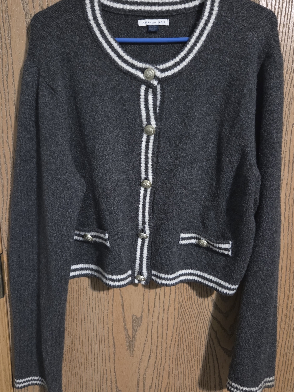 American Eagle Outfitters Dark Gray Knit Cardigan with White Trim
